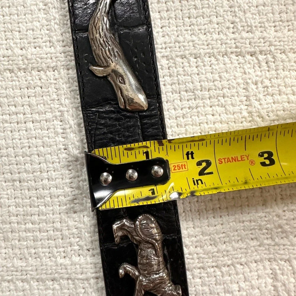 VTG 90s Honest Safari Animal Concho Leather Belt Black Croc Embossed Silver 32